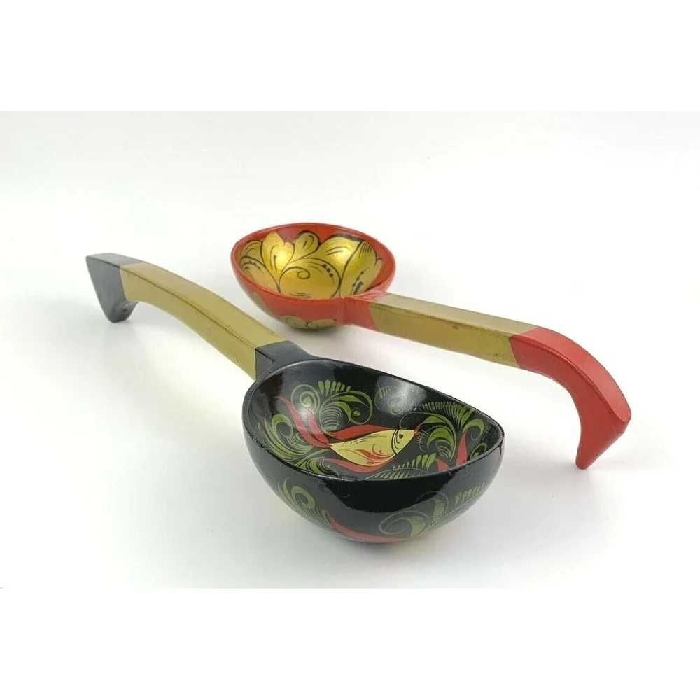 Set of 4 Vintage Khokhloma Painted Wooden Spoons Ladles Decorative Kitchenware